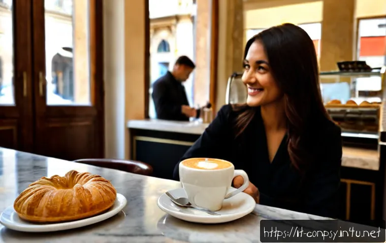 브랜드 이미지와 감정 경제학 - Photorealistic Italian artisan café in Milan, an elegant unbranded ceramic espresso cup and carefull...
