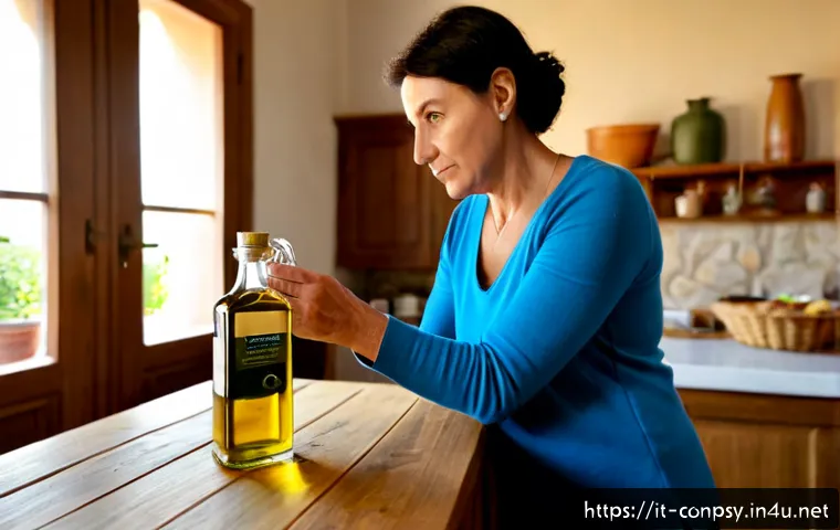 Home 17 소비자의 감정적 반응과 제품 가치 - Photorealistic Italian consumer comparing two unbranded olive oil bottles in a warm Tuscan kitchen, ...